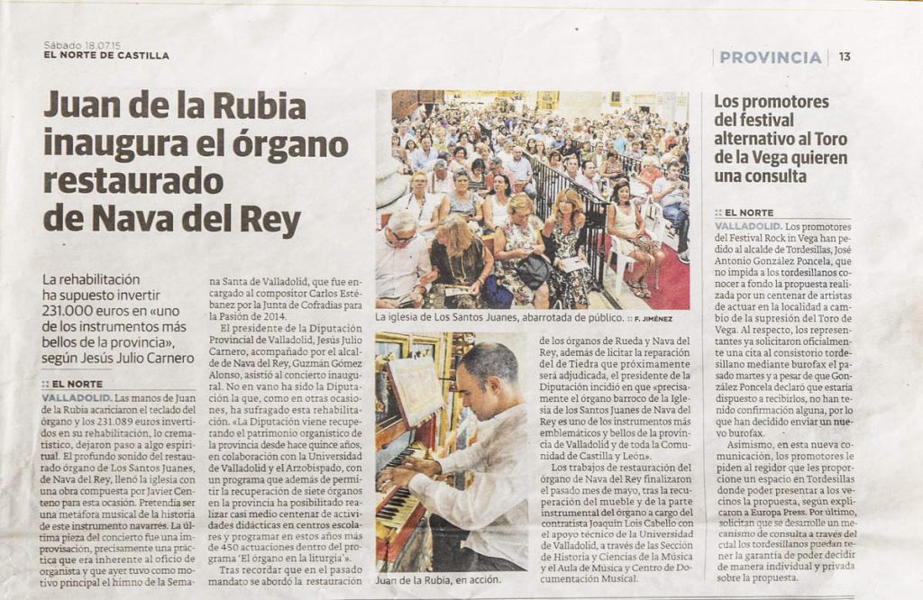 El Norte de Castilla, Noticia Inauguración del órgano de Nava del Rey